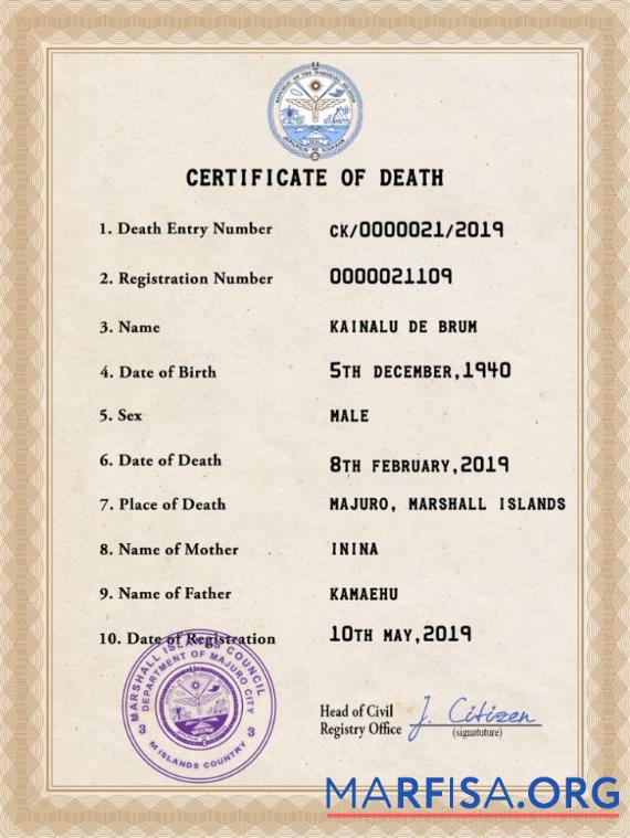Realistic Marshall Islands death certificate PSD template